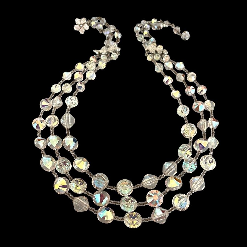 Vintage 1960s Vendome Necklace AB Crystal Three Strand Mid Century - 3N